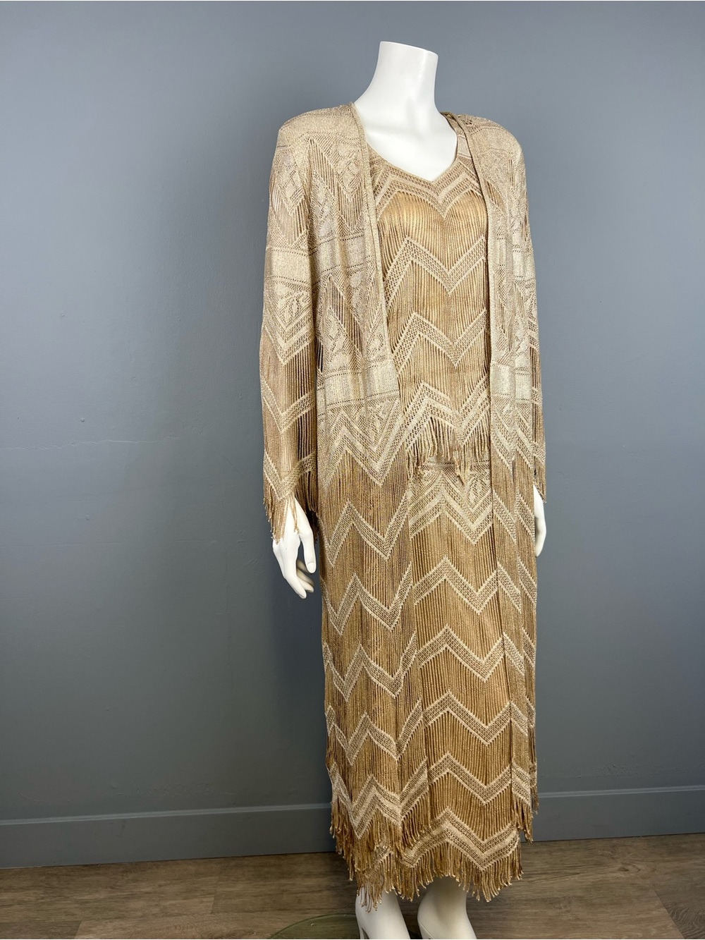 Vintage Daminou 3 Piece Set Elegant Gold Fringe Maxi Skirt / Tank with Jacket